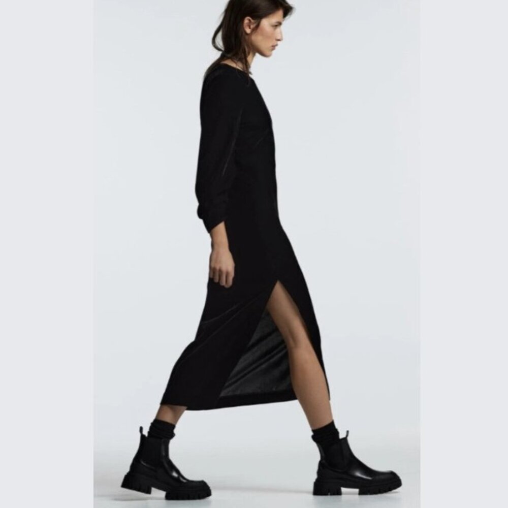 Zara Velvet Burnout Modesty Goth Draped Slit Maxi Dress Black Womens Size Small - Picture 14 of 14